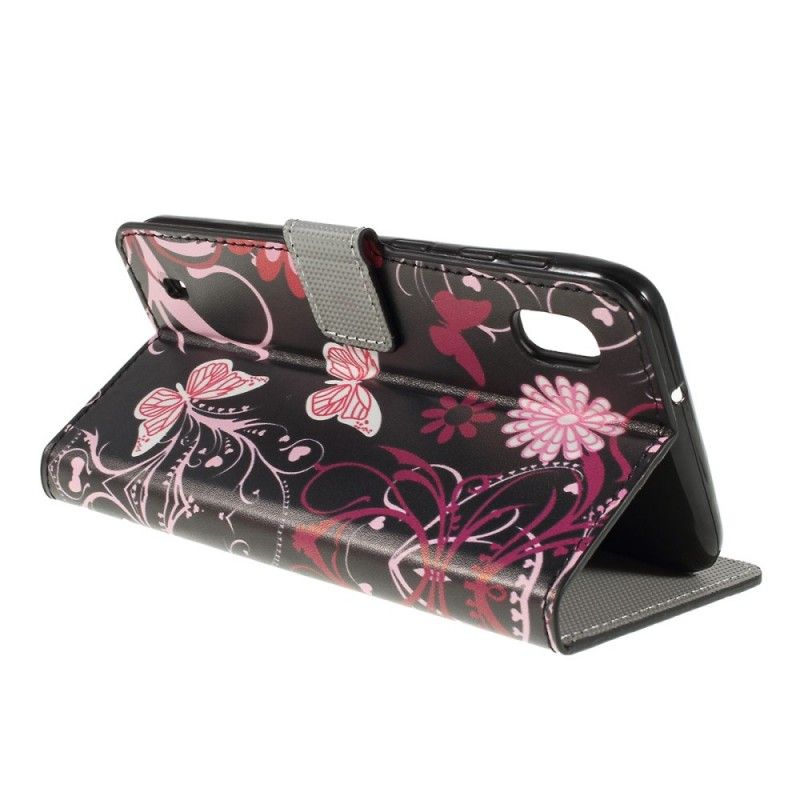 Fodral Samsung Galaxy A10 Svart Fjärilar Och Blommor