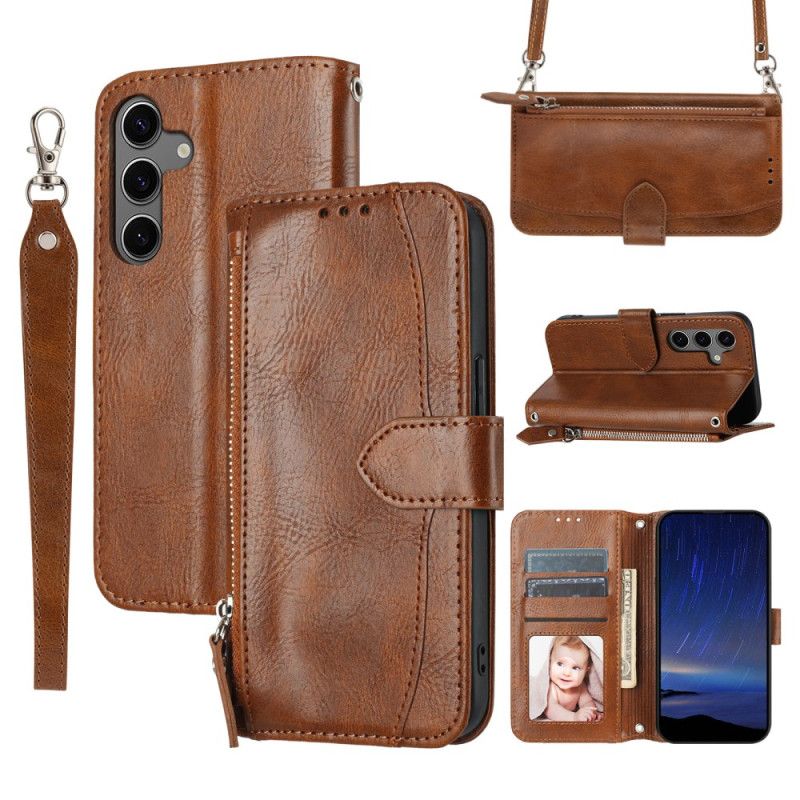 Läderskal Fodral Samsung Galaxy S25 5g Ficka Rem Och Axelrem Med Dragkedja