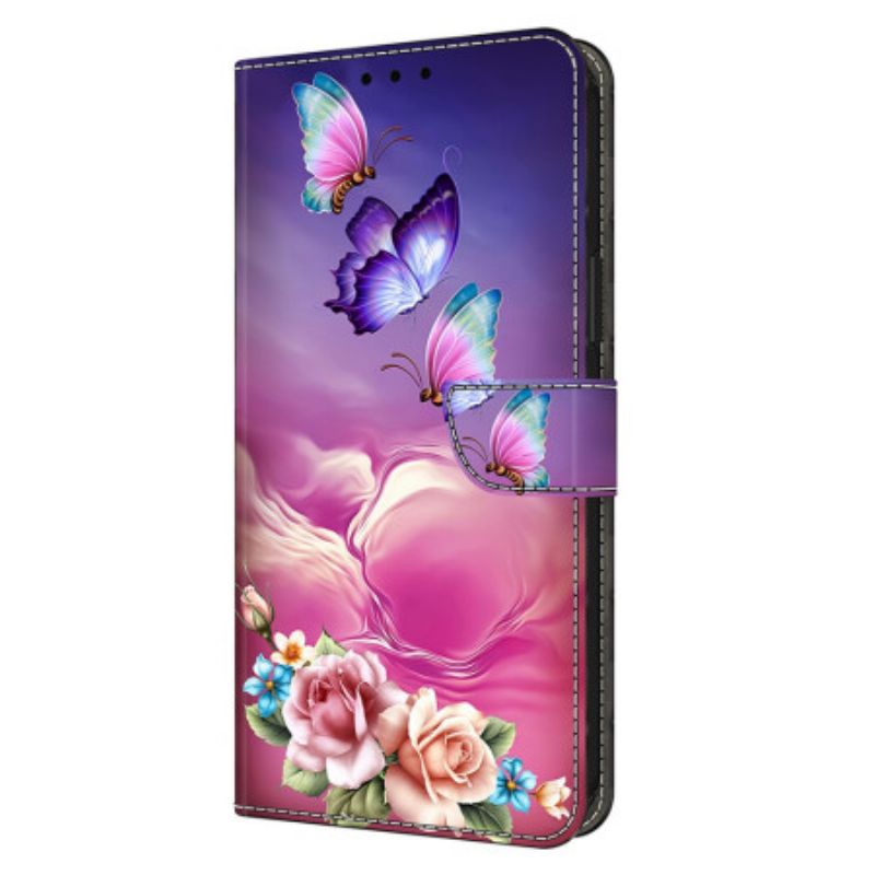 Läderfodral Samsung Galaxy S25 Plus 5g Telefonfodral Fjärilar Och Små Blommor