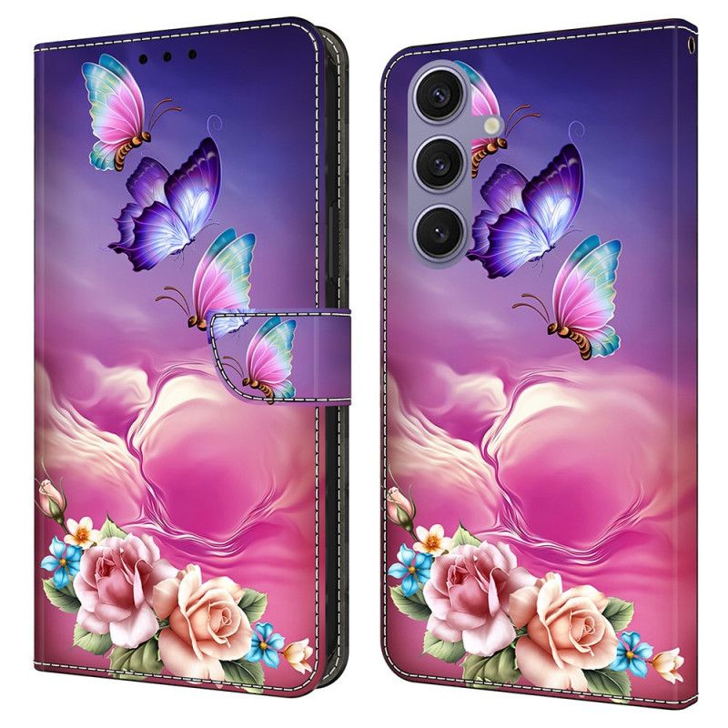 Läderfodral Samsung Galaxy S25 Plus 5g Telefonfodral Fjärilar Och Små Blommor