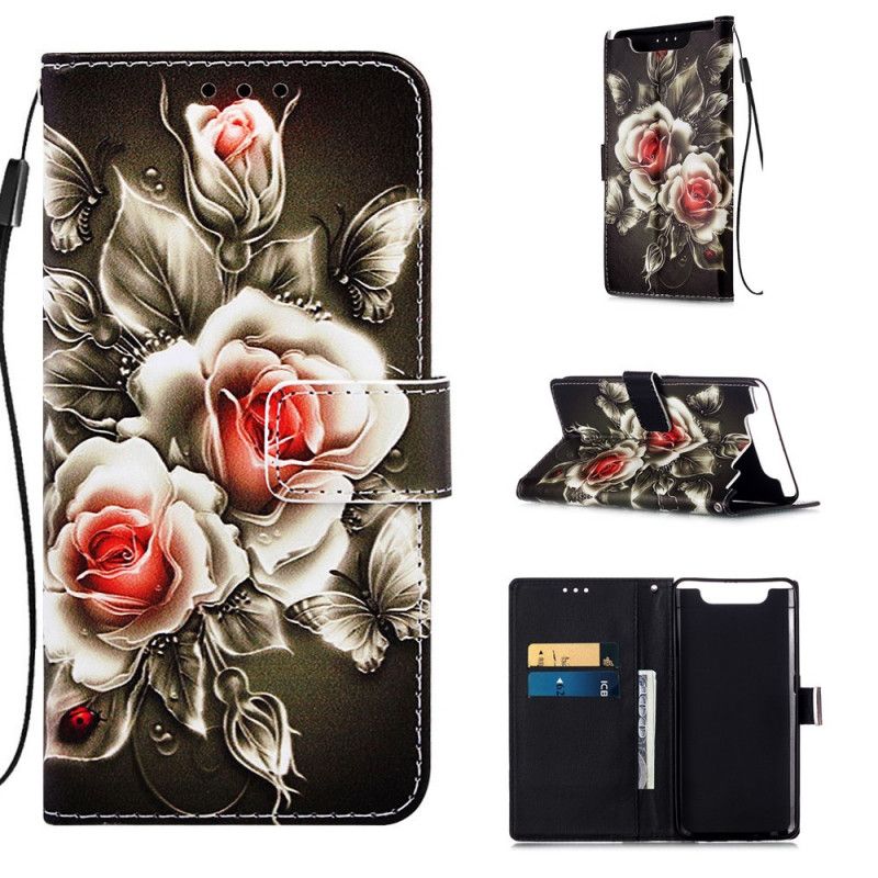 Läderfodral Samsung Galaxy A80 / A90 Mobilskal Gyllene Rosor