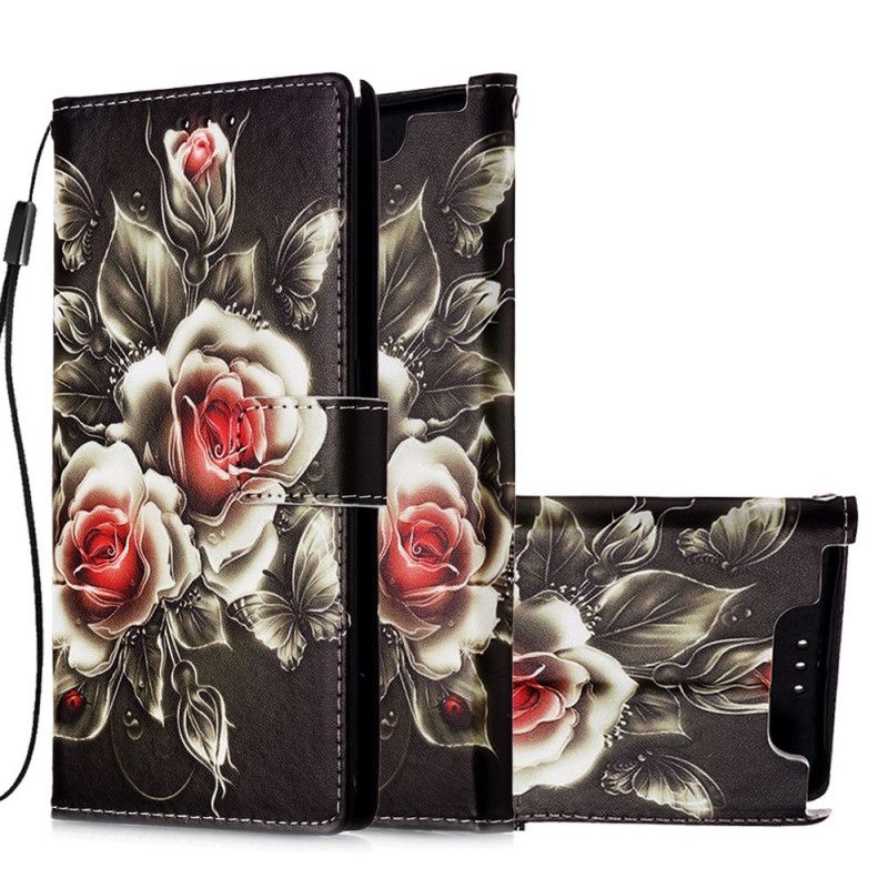 Läderfodral Samsung Galaxy A80 / A90 Mobilskal Gyllene Rosor