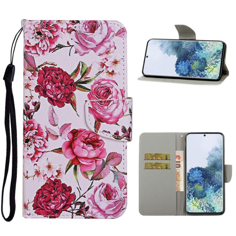 Fodral för Samsung Galaxy S21 Plus 5G Röd Mästerliga Blommor Med Rem