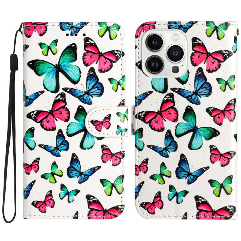 Fodral För iPhone 16 Pro Färgglada Fjärilar Med Rem