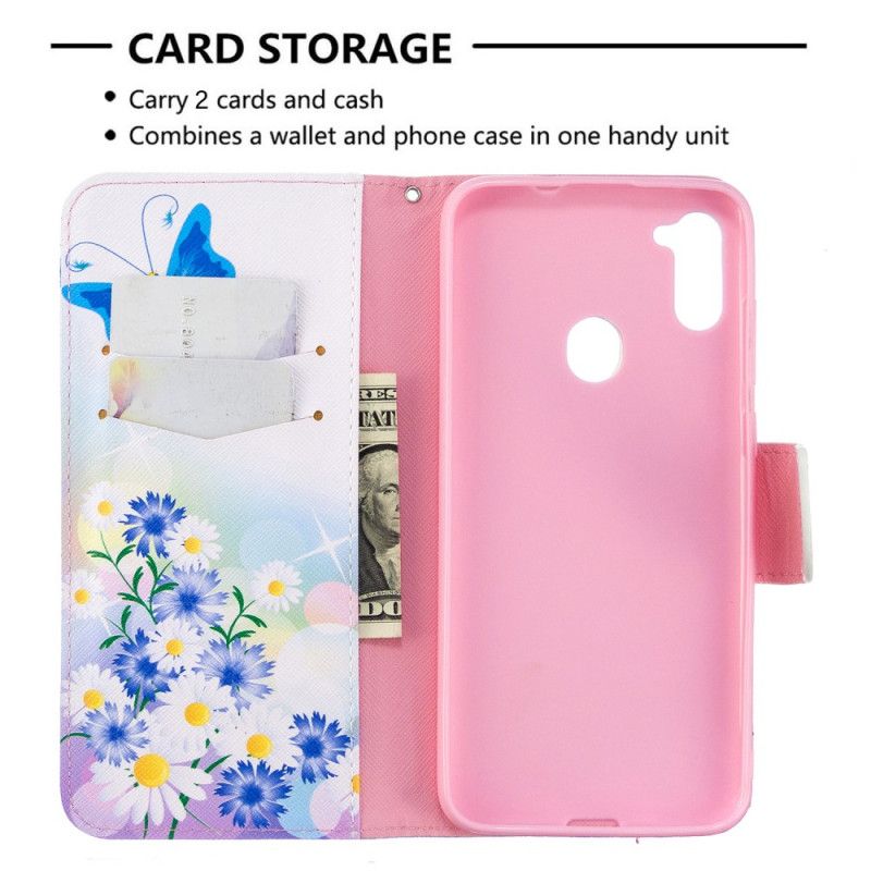 Läderfodral Samsung Galaxy M11 Magenta Mobilskal Målade Fjärilar Och Blommor