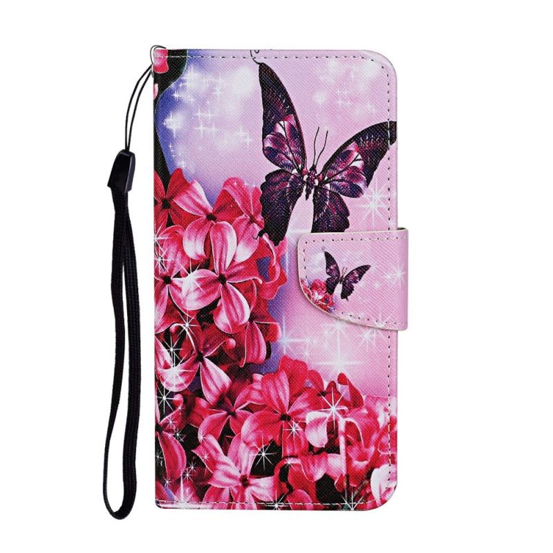 Läderfodral Samsung Galaxy M11 Magenta Mobilskal Thong Blommiga Fjärilar