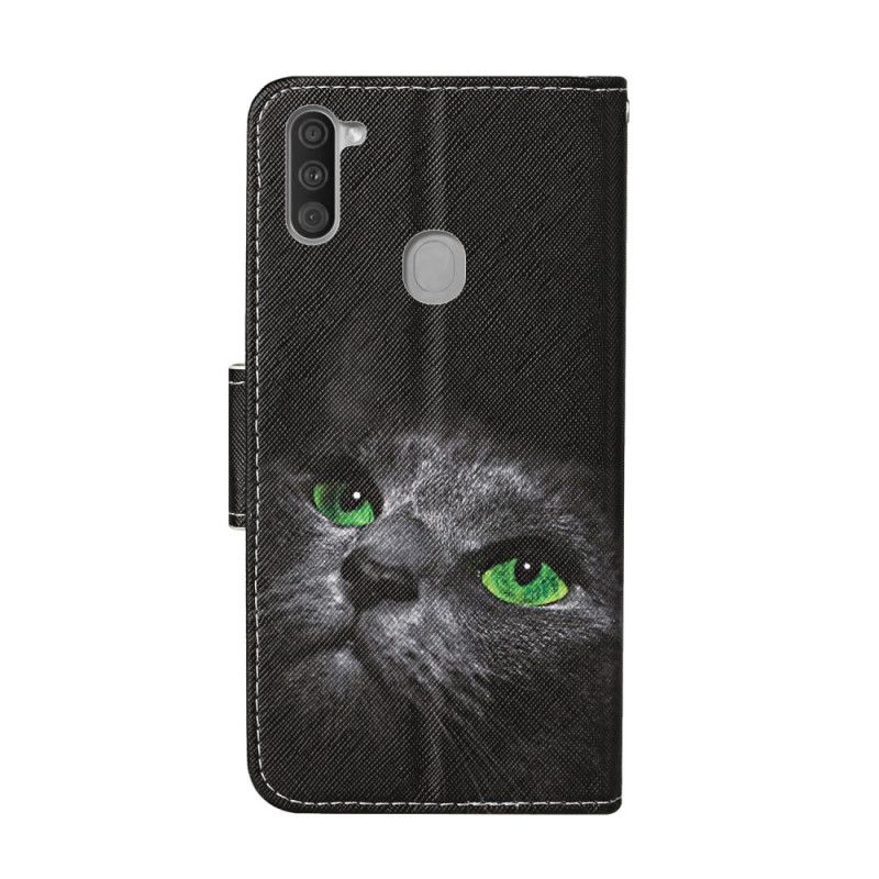 Läderskal Samsung Galaxy M11 Katt Med Gröna Ögon Med Rem