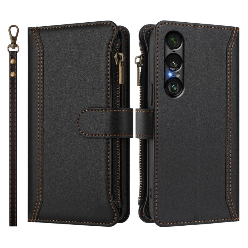 Läderfodral Sony Xperia 1 Vii Telefonfodral Plånbok Med 9 Kortfack Och Rem