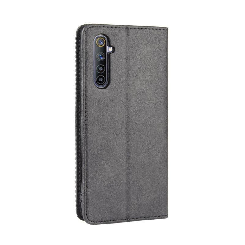 Folio-fodral Realme 6 Svart Stiliserad Vintage Lädereffekt