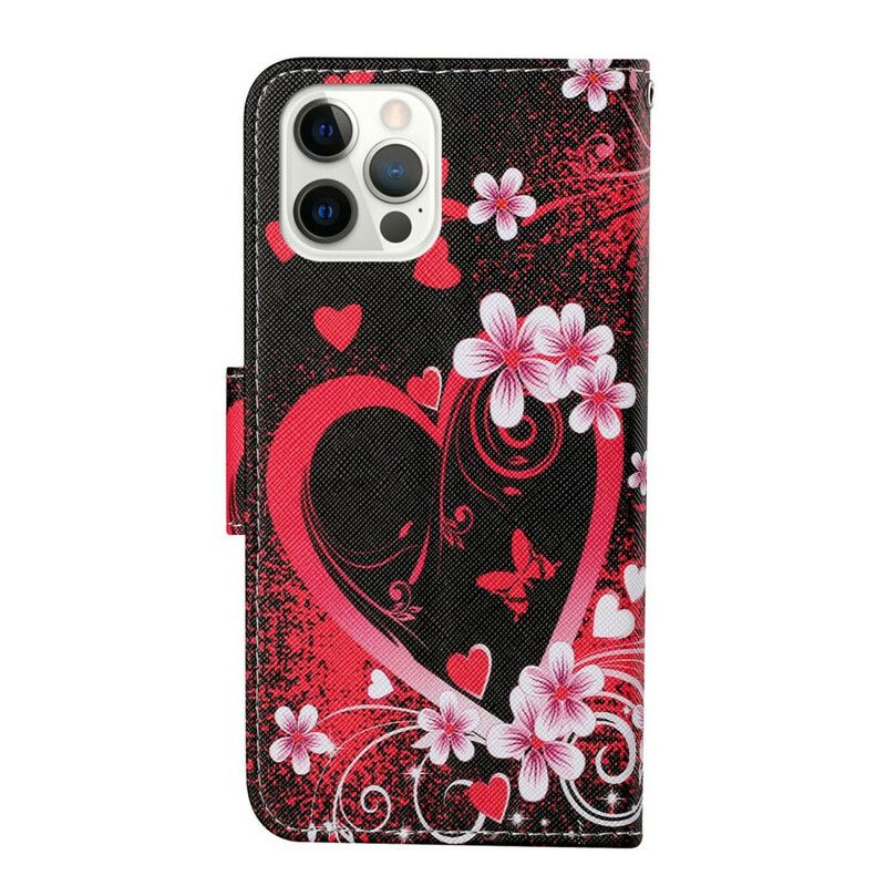 Fodral För iPhone 13 Pro Blommor Och Hjärtan Med Snöre
