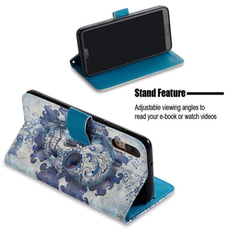 Läderfodral Huawei P20 Mobilskal 3D Blå Skalle