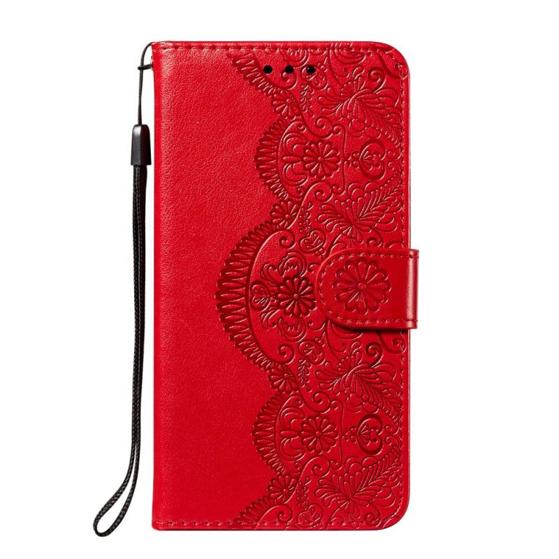 Läderfodral Xiaomi Redmi Note 10 / Note 10S Röd Mobilskal Blomma Broderitryck