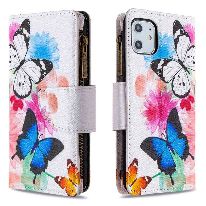 Fodral för iPhone 11 Svart Fjäril Blixtlåsficka