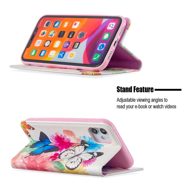 Folio-fodral för iPhone 11 Vit Färgglada Fjärilar
