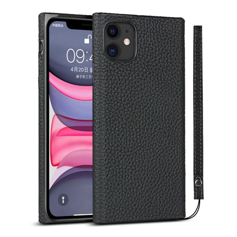 Skal iPhone 11 Svart Äkta Litchiläder Med Rem