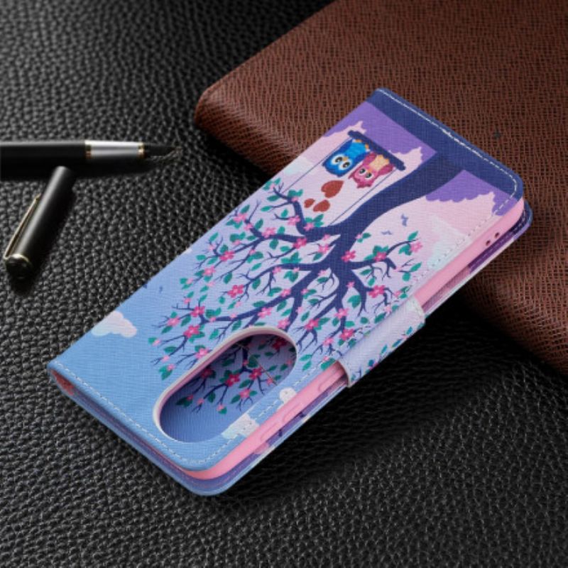 Läderskal Fodral Huawei P50 Ugglor På Gungan