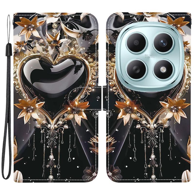 Läderskal Fodral Xiaomi Redmi Note 15 5g Svart Och Guldigt Hjärta