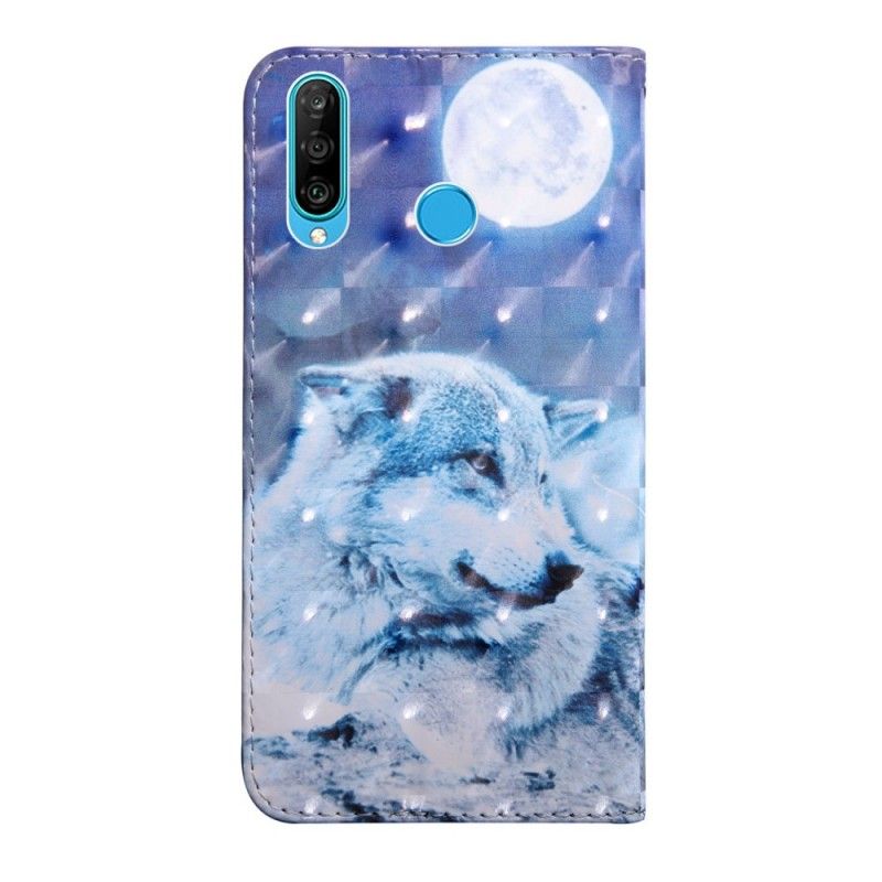 Läderfodral Huawei P30 Lite Mobilskal Varg I Månsken