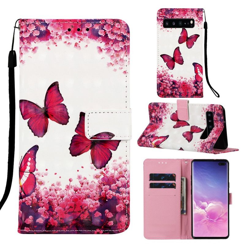 Läderfodral Samsung Galaxy S10 5G Mobilskal Röda Fjärilar