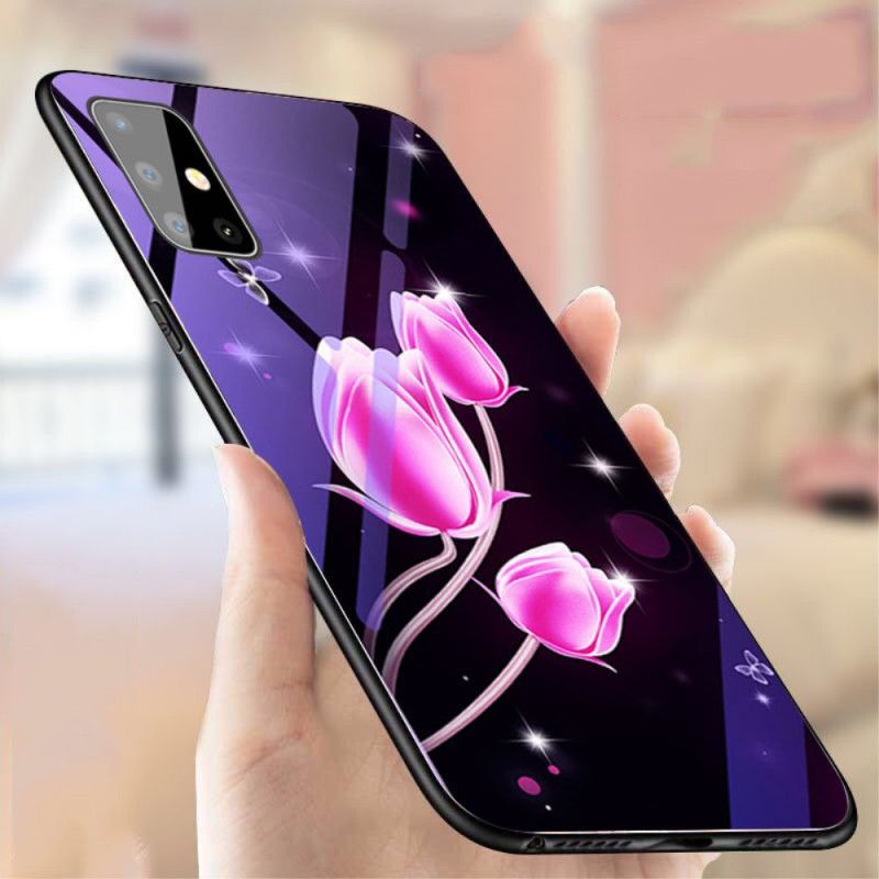 Skal Samsung Galaxy A51 Rosa Mobilskal Härdat Glas Och Blommig Silikon