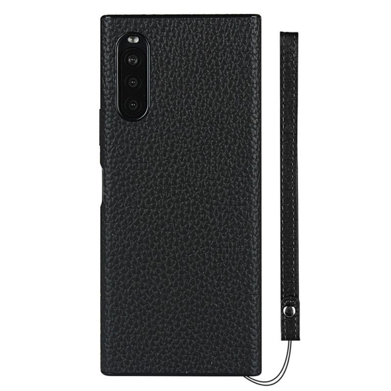 Skal Sony Xperia 10 II Svart Äkta Litchiläder Med Rem