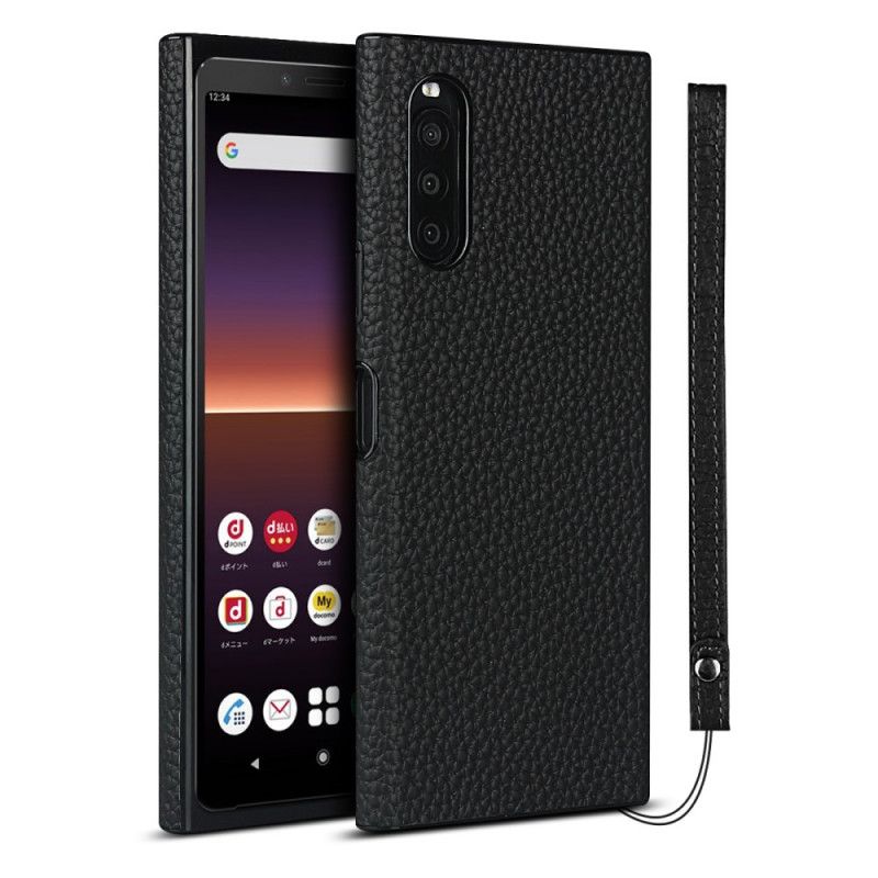 Skal Sony Xperia 10 II Svart Äkta Litchiläder Med Rem