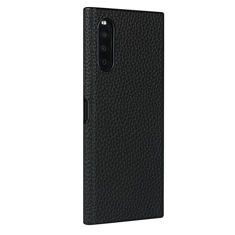 Skal Sony Xperia 10 II Svart Äkta Litchiläder Med Rem