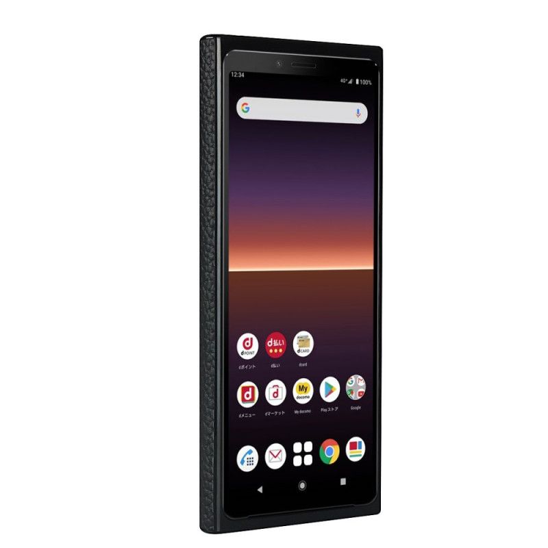 Skal Sony Xperia 10 II Svart Äkta Litchiläder Med Rem