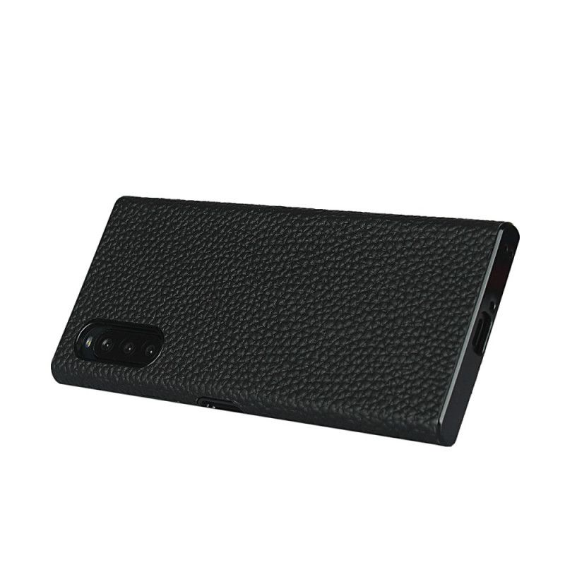 Skal Sony Xperia 10 II Svart Äkta Litchiläder Med Rem