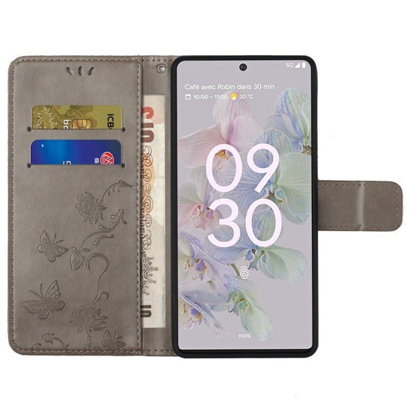 Folio-fodral Google Pixel 6A Med Kedjar Blommor Och Fjärilar Med Rem
